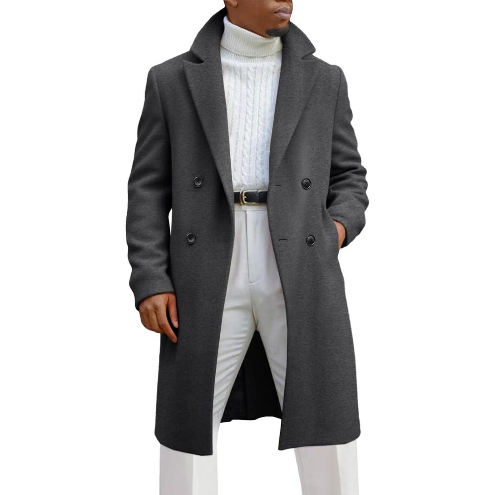imageRuncati Mens Trench Coat Notched Lapel Double Breasted Mid Long Pea Coat Casual Fall Winter Classic OvercoatDark Grey