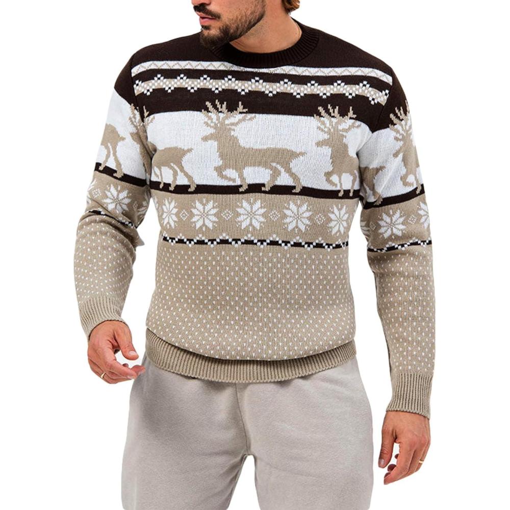 imageRuncati Mens Ugly Christmas Sweater Pullover Long Sleeve Reindeer Snowflake Soft Knitted SweatersBrown