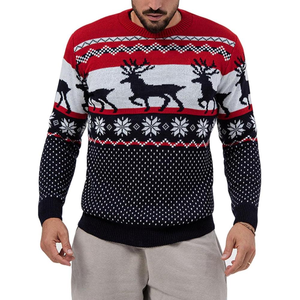 imageRuncati Mens Ugly Christmas Sweater Pullover Long Sleeve Reindeer Snowflake Soft Knitted SweatersRed