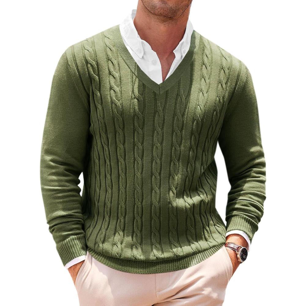 imageRuncati Mens V Neck Sweater Cable Knit Long Sleeve Casual Ribbed Twisted Pullover SweatersArmy Green