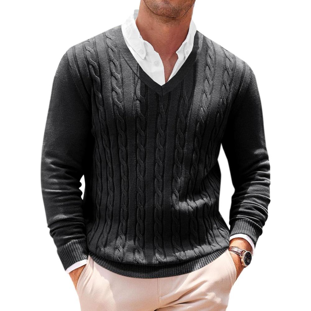 imageRuncati Mens V Neck Sweater Cable Knit Long Sleeve Casual Ribbed Twisted Pullover SweatersBlack