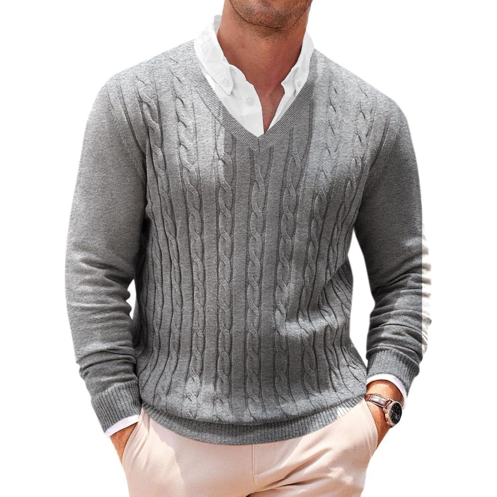imageRuncati Mens V Neck Sweater Cable Knit Long Sleeve Casual Ribbed Twisted Pullover SweatersGrey