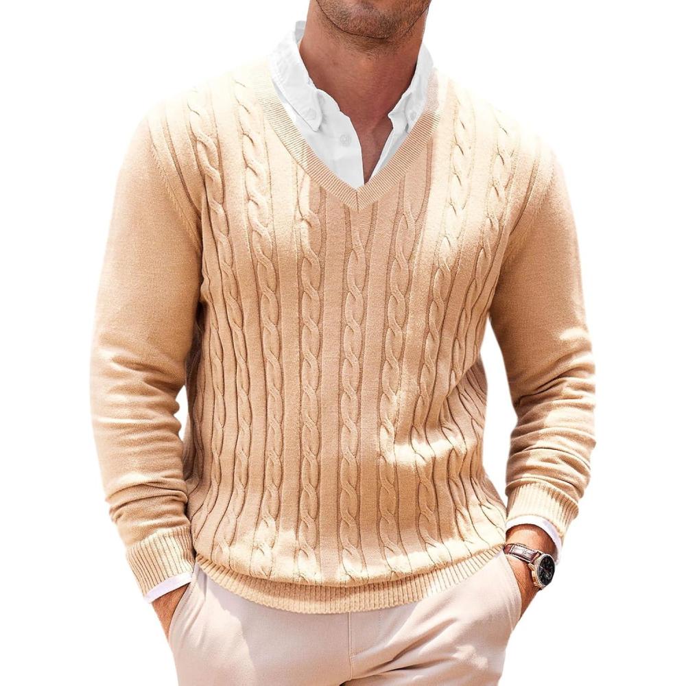 imageRuncati Mens V Neck Sweater Cable Knit Long Sleeve Casual Ribbed Twisted Pullover SweatersKhaki