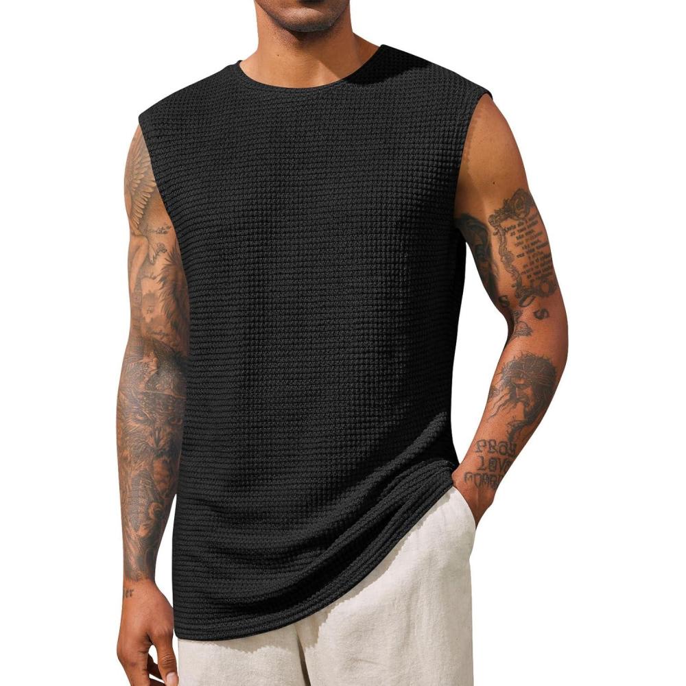 imageRuncati Mens Waffle Tank Tops Sleeveless TShirts Athletic Muscle Summer Beach Hippie ShirtsBlack