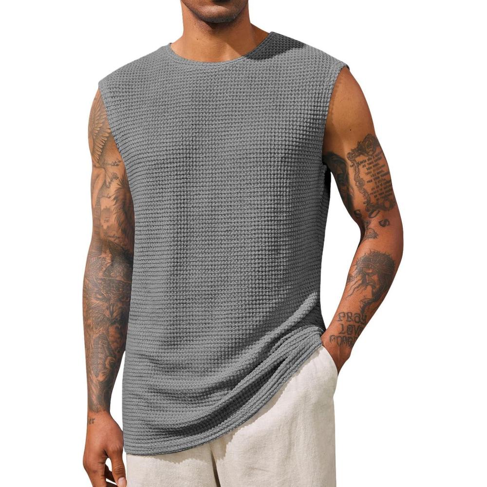 imageRuncati Mens Waffle Tank Tops Sleeveless TShirts Athletic Muscle Summer Beach Hippie ShirtsGray
