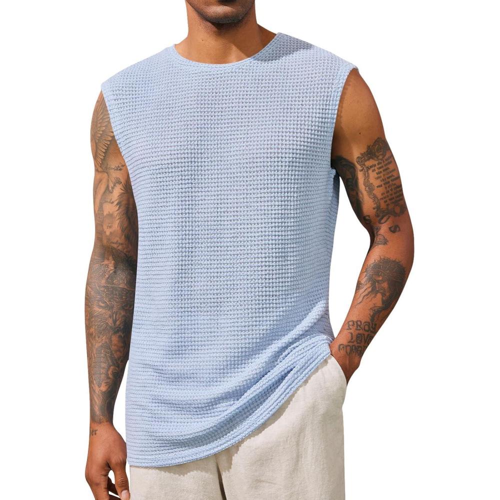 imageRuncati Mens Waffle Tank Tops Sleeveless TShirts Athletic Muscle Summer Beach Hippie ShirtsSky Blue