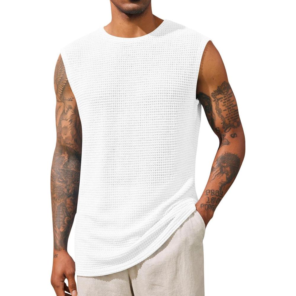 imageRuncati Mens Waffle Tank Tops Sleeveless TShirts Athletic Muscle Summer Beach Hippie ShirtsWhite