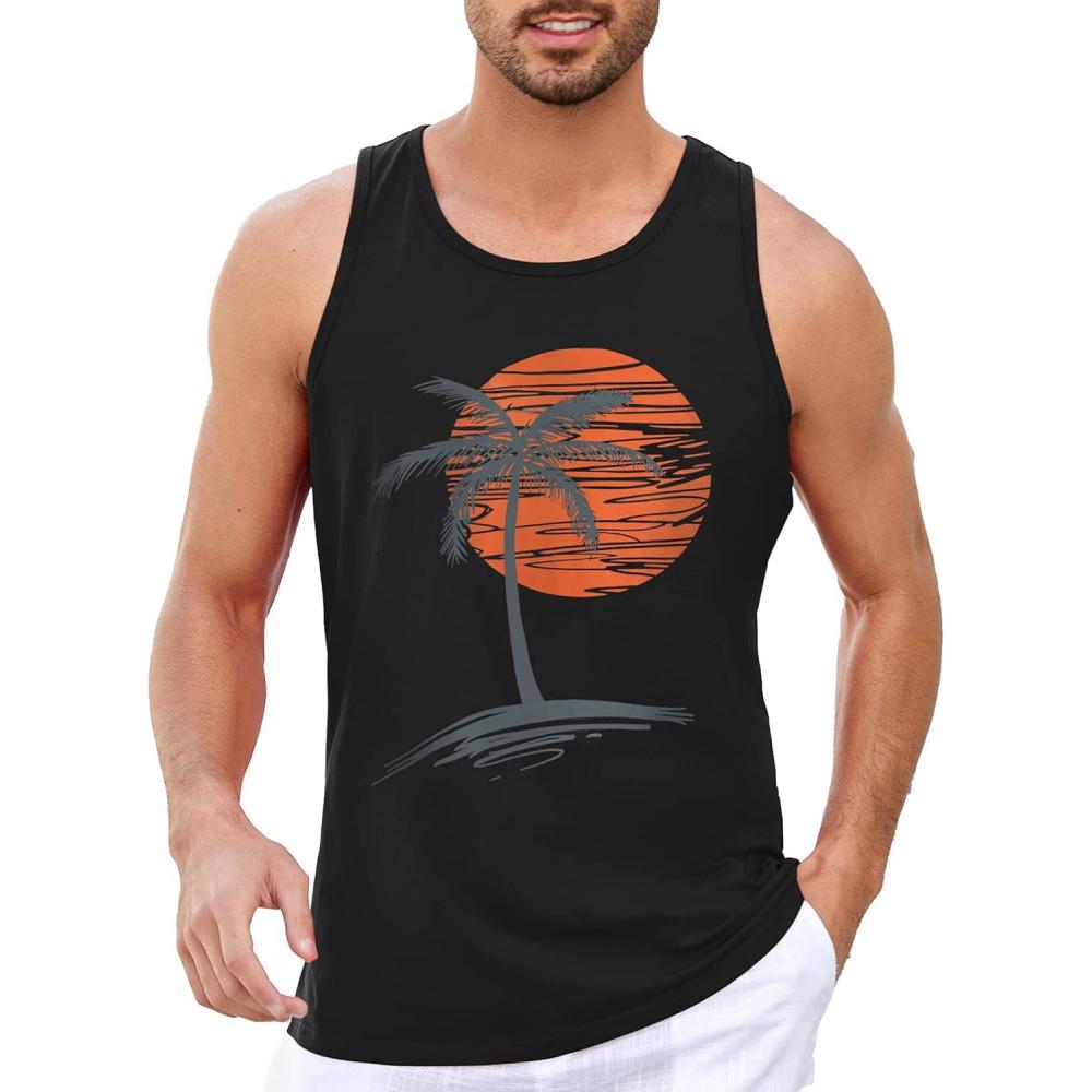 imageRuncati Mens Workout Tank Tops Gym Sleeveless Shirts Palm Tree Vintage Style TShirtBlack