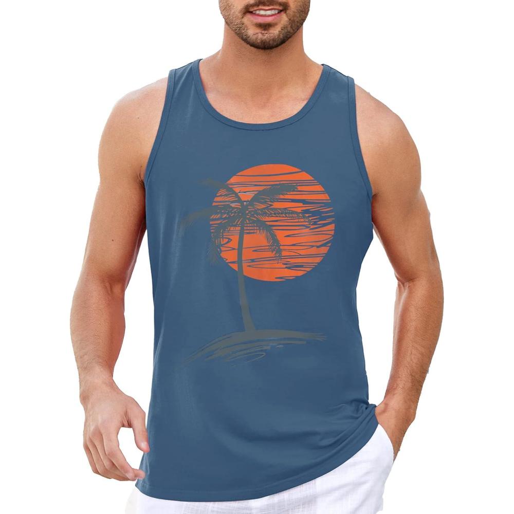 imageRuncati Mens Workout Tank Tops Gym Sleeveless Shirts Palm Tree Vintage Style TShirtBlue