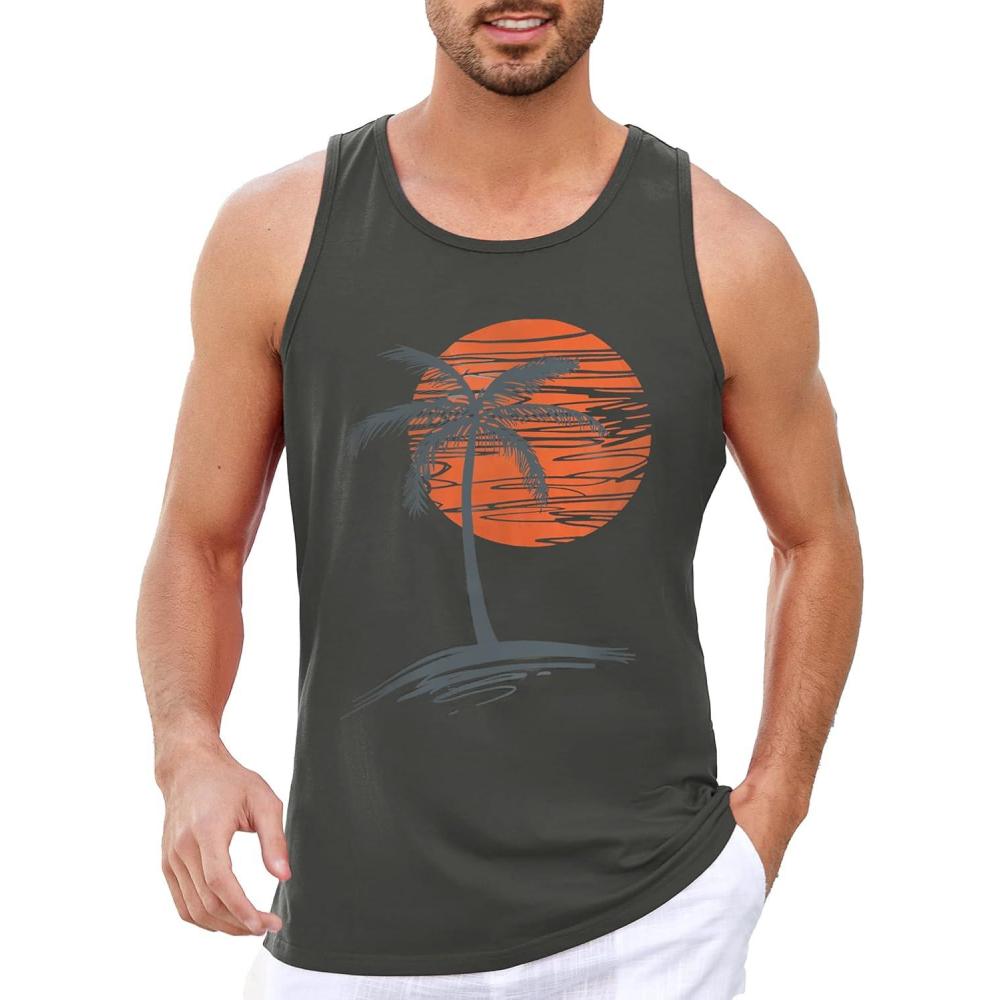 imageRuncati Mens Workout Tank Tops Gym Sleeveless Shirts Palm Tree Vintage Style TShirtGrey