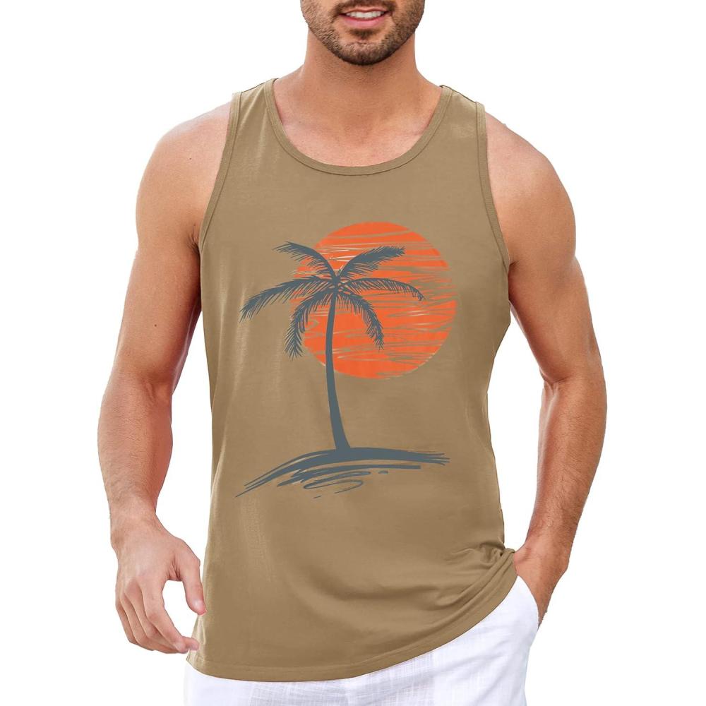 imageRuncati Mens Workout Tank Tops Gym Sleeveless Shirts Palm Tree Vintage Style TShirtKhaki