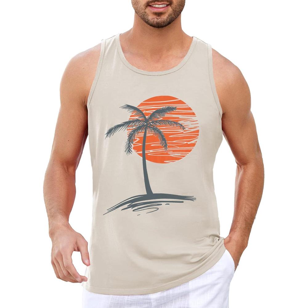 imageRuncati Mens Workout Tank Tops Gym Sleeveless Shirts Palm Tree Vintage Style TShirtLight Grey