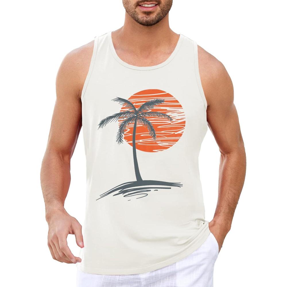 imageRuncati Mens Workout Tank Tops Gym Sleeveless Shirts Palm Tree Vintage Style TShirtWhite