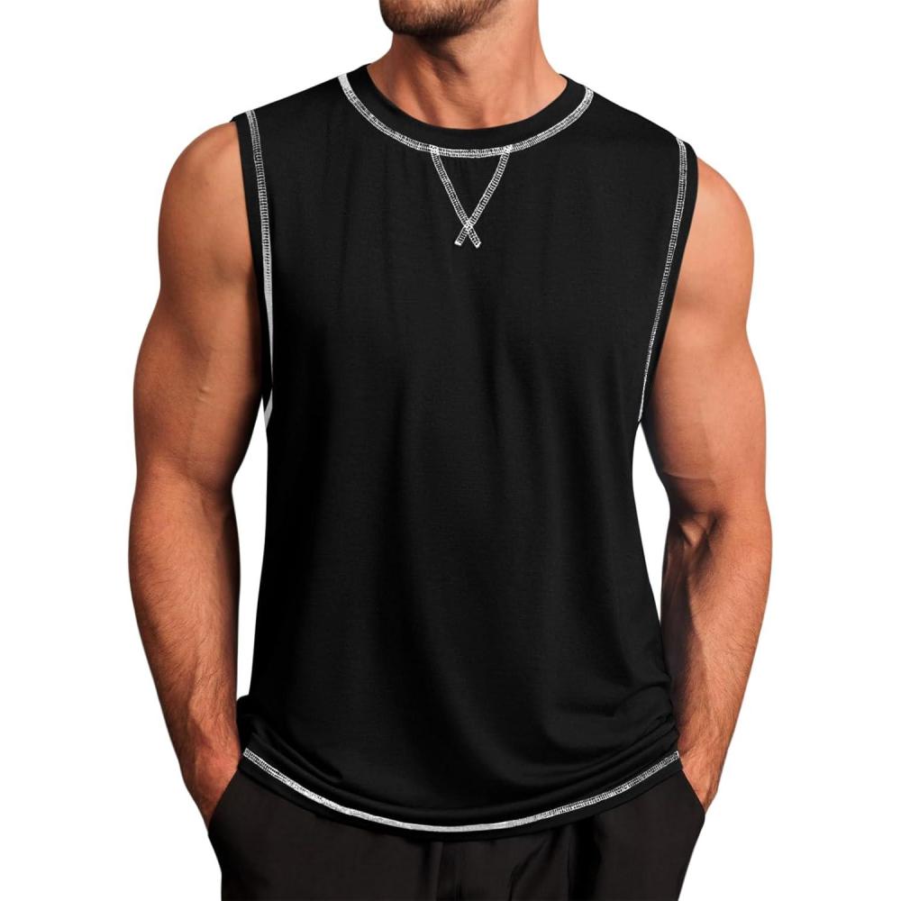 imageRuncati Mens Workout Tank Tops Sleeveless Casual Crewneck Beach T Shirt Muscle Athletic Gym Running TeeBlack