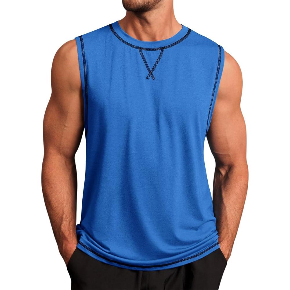 imageRuncati Mens Workout Tank Tops Sleeveless Casual Crewneck Beach T Shirt Muscle Athletic Gym Running TeeBlue