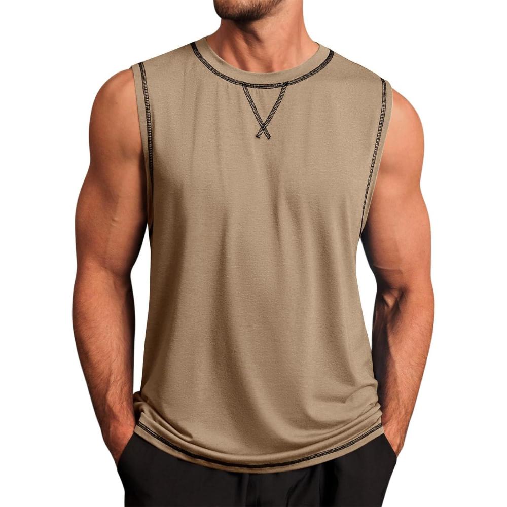 imageRuncati Mens Workout Tank Tops Sleeveless Casual Crewneck Beach T Shirt Muscle Athletic Gym Running TeeKhaki