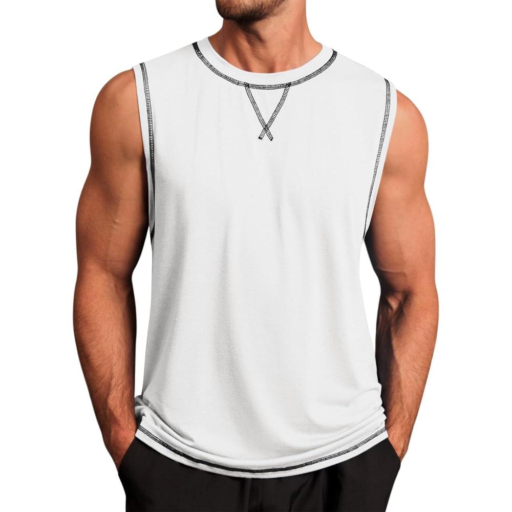 imageRuncati Mens Workout Tank Tops Sleeveless Casual Crewneck Beach T Shirt Muscle Athletic Gym Running TeeWhite