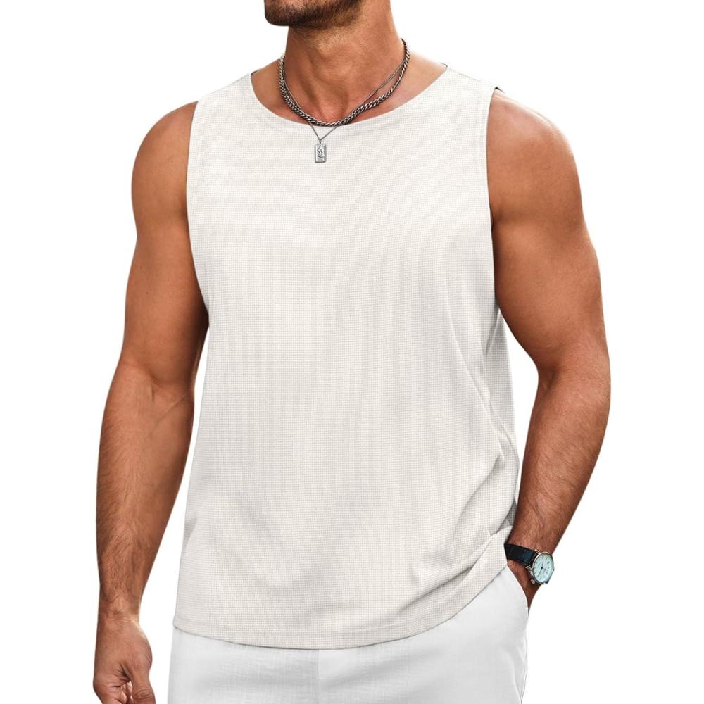 imageRuncati Mens Workout Tank Tops Sleeveless Casual Waffle T Shirts Gym Muscle Summer Beach Tee ShirtWhite