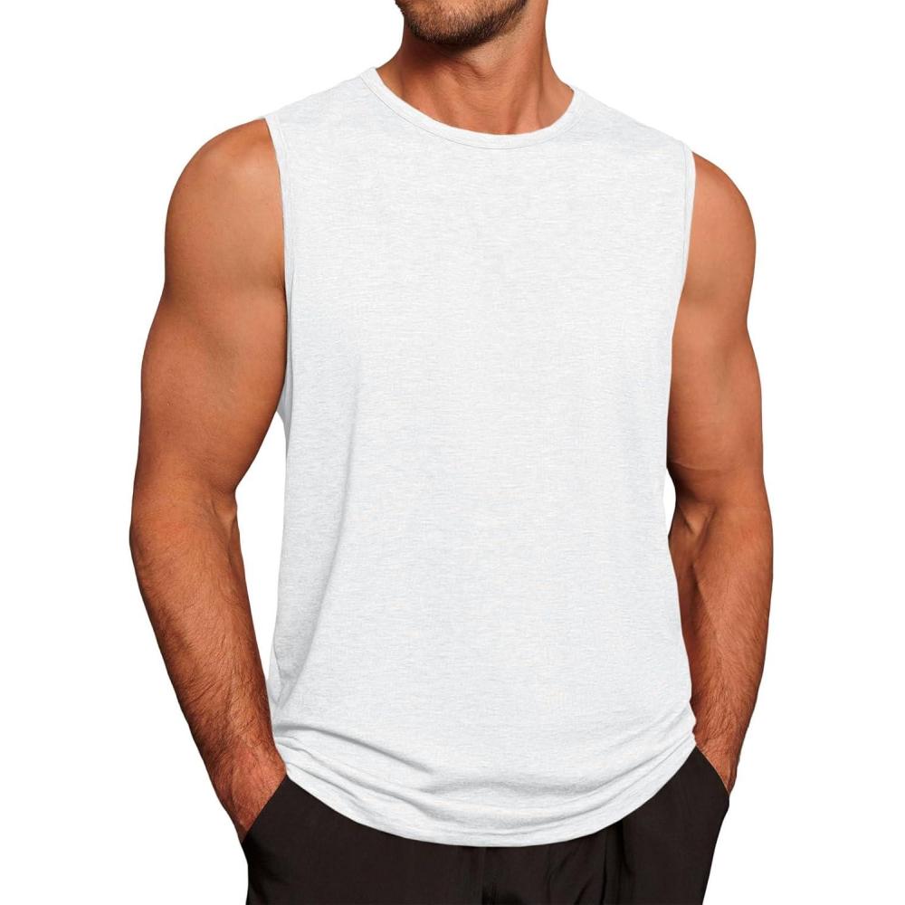 imageRuncati Mens Workout Tank Tops Sleeveless Gym Muscle Athletic T Shirts Casual Summer Beach TopsWhite