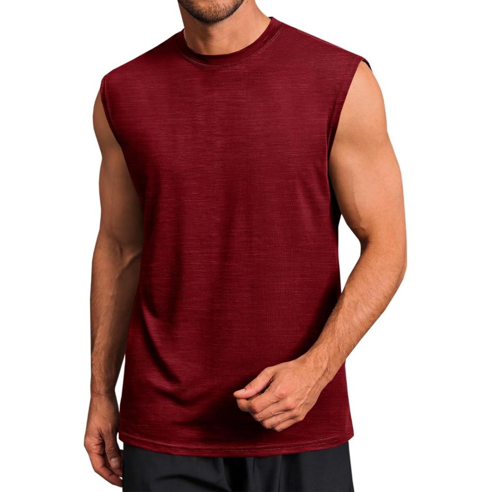 imageRuncati Mens Workout Tank Tops Sleeveless Muscle Cut Off Shirt Athletic Gym T ShirtsWine Red