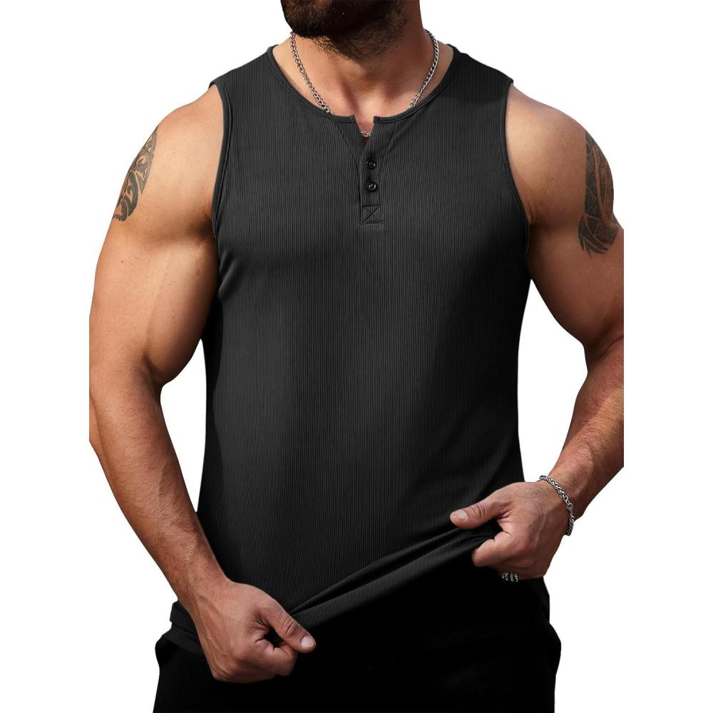 imageRuncati Mens Workout Tank Tops Summer Gym Muscle Ribbed Sleeveless Henley Shirt Casual Knitted Slim Fit Beach TeeBlack