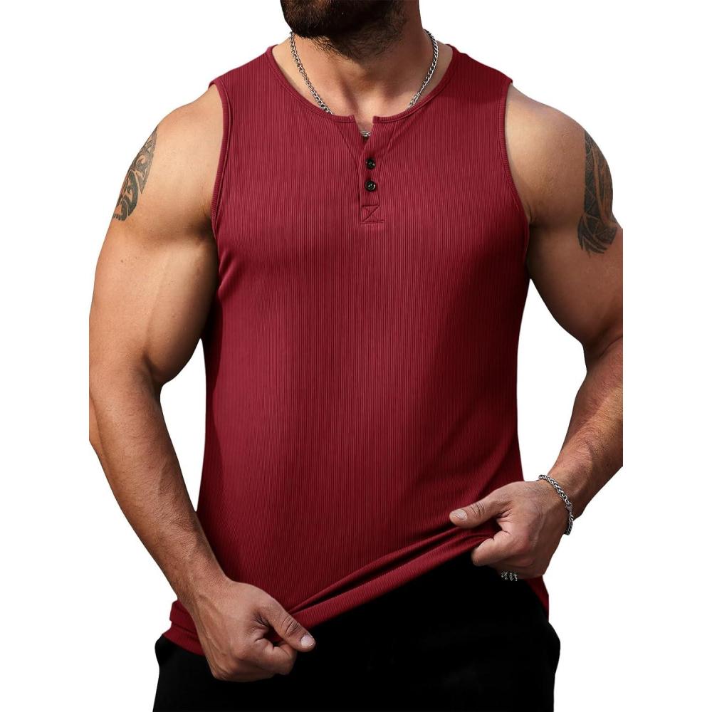 imageRuncati Mens Workout Tank Tops Summer Gym Muscle Ribbed Sleeveless Henley Shirt Casual Knitted Slim Fit Beach TeeBurgundy