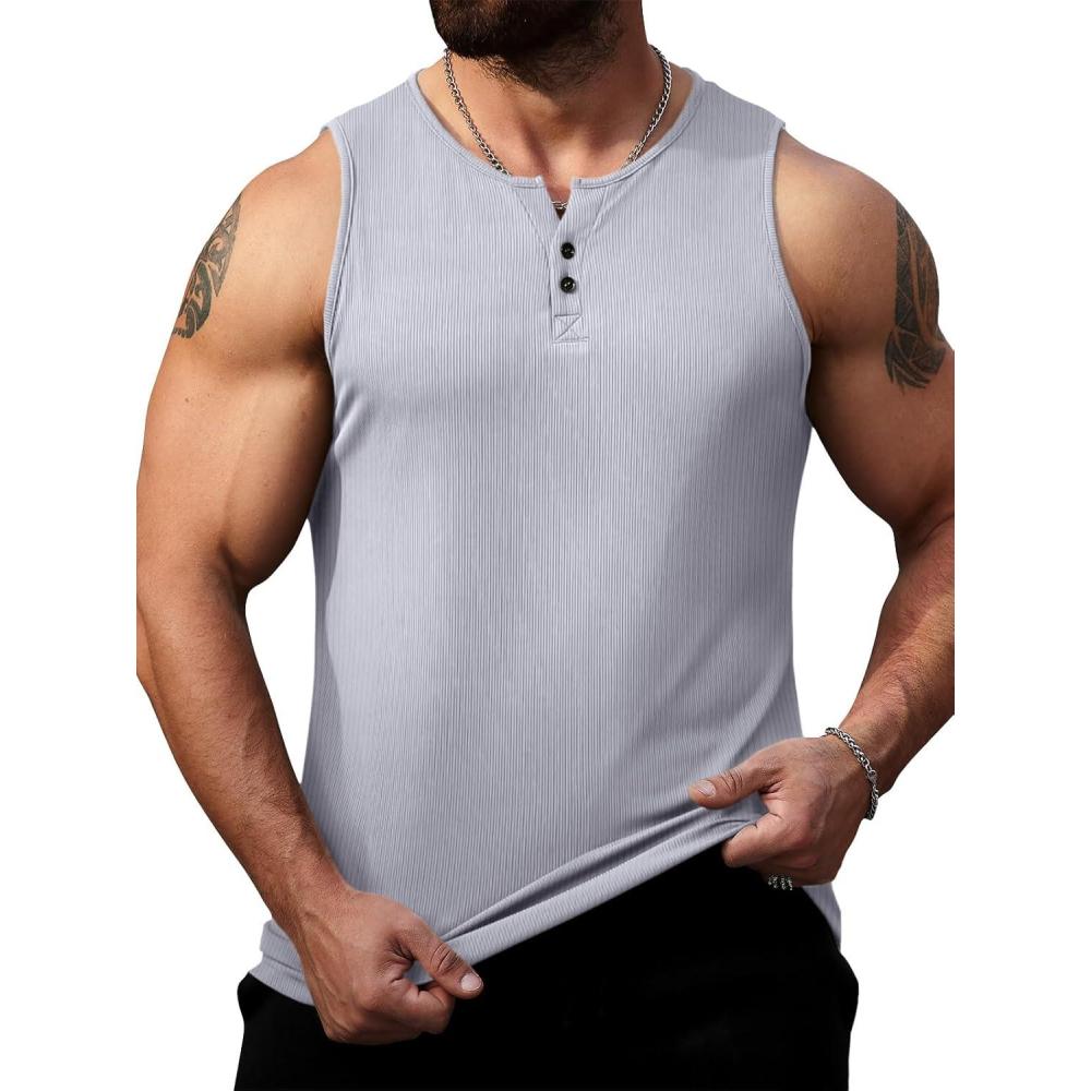 imageRuncati Mens Workout Tank Tops Summer Gym Muscle Ribbed Sleeveless Henley Shirt Casual Knitted Slim Fit Beach TeeLight Grey