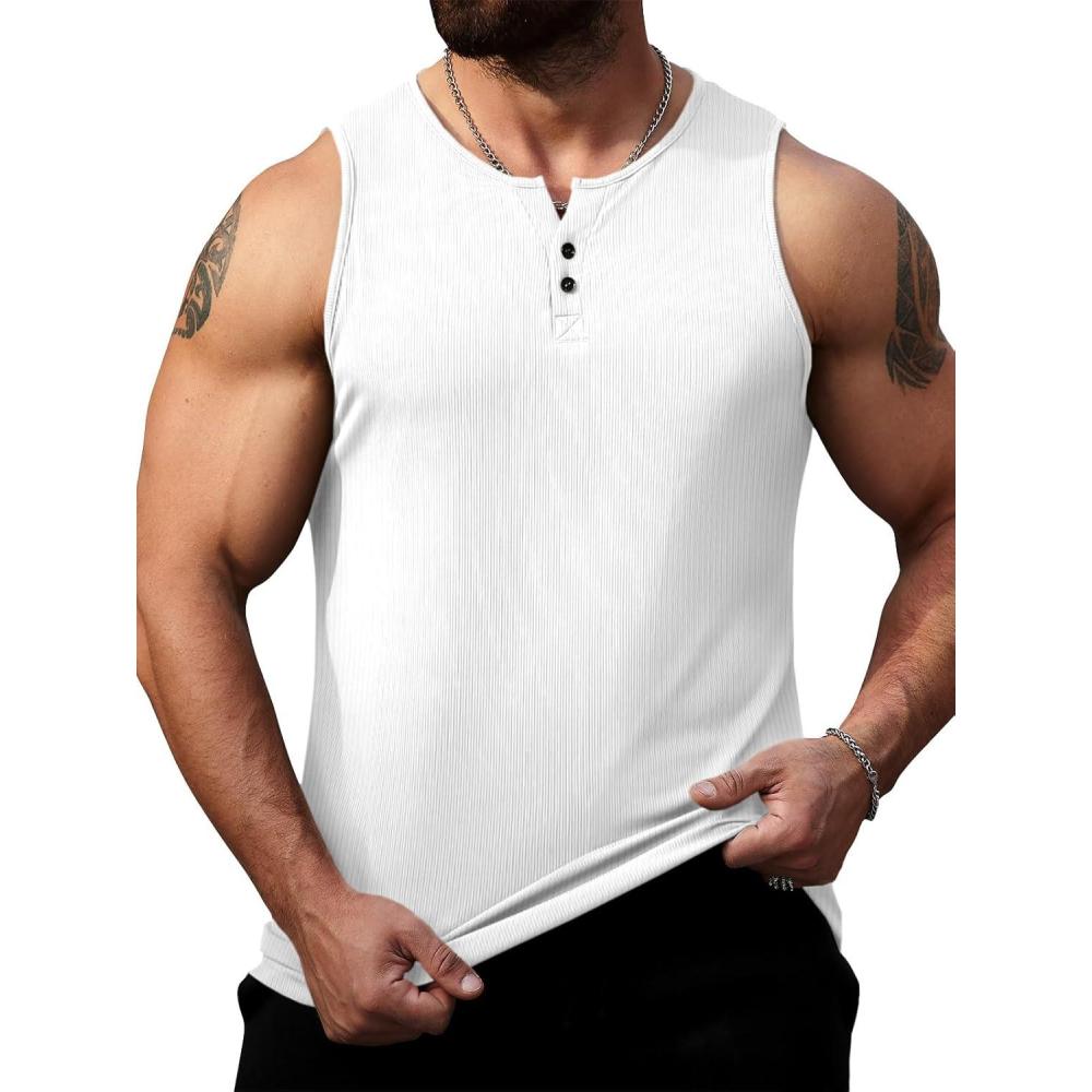 imageRuncati Mens Workout Tank Tops Summer Gym Muscle Ribbed Sleeveless Henley Shirt Casual Knitted Slim Fit Beach TeeWhite