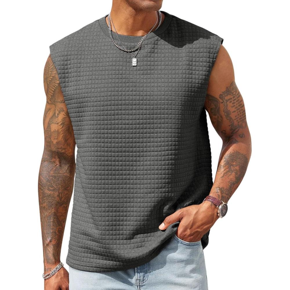 imageRuncati Mens Workout Tank Tops Waffle Casual Sleeveless T Shirts Gym Cut Off Beach Summer TeeDark Grey