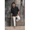 Mens Button Down Shirt Linen Cotton Shirts Casual Long Sleeve Spread Collar Lightweight Beach Plain Tops(01 Black)