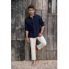 Mens Button Down Shirt Linen Cotton Shirts Casual Long Sleeve Spread Collar Lightweight Beach Plain Tops(01 Navy)