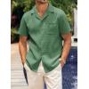 Mens Waffle Button Down Shirt Short Sleeve Loose Fit Cuban Summer Beach Plain Tops(Army Green)