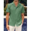 Mens Waffle Button Down Shirt Short Sleeve Loose Fit Cuban Summer Beach Plain Tops(Army Green)