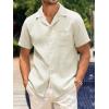 Mens Waffle Button Down Shirt Short Sleeve Loose Fit Cuban Summer Beach Plain Tops(Beige)