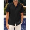 Mens Waffle Button Down Shirt Short Sleeve Loose Fit Cuban Summer Beach Plain Tops(Black)