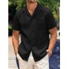 Mens Waffle Button Down Shirt Short Sleeve Loose Fit Cuban Summer Beach Plain Tops(Black)