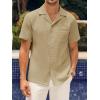Mens Waffle Button Down Shirt Short Sleeve Loose Fit Cuban Summer Beach Plain Tops(Khaki)