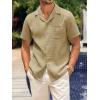Mens Waffle Button Down Shirt Short Sleeve Loose Fit Cuban Summer Beach Plain Tops(Khaki)