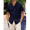 Mens Waffle Button Down Shirt Short Sleeve Loose Fit Cuban Summer Beach Plain Tops(Navy)