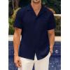 Mens Waffle Button Down Shirt Short Sleeve Loose Fit Cuban Summer Beach Plain Tops(Navy)