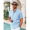 Runcati Mens Casual Button Down Shirts Short Sleeve Banded Collar Shirt Linen Beach Summer Hippie Tops(Sky Blue)