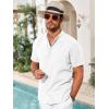 Runcati Mens Casual Button Down Shirts Short Sleeve Banded Collar Shirt Linen Beach Summer Hippie Tops(White)