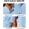 Runcati Mens Casual Linen Shirts 3/4 Sleeve Button Down Banded Collar Summer Beach Shirt(Blue)