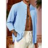 Runcati Mens Casual Linen Shirts 3/4 Sleeve Button Down Banded Collar Summer Beach Shirt(Blue)