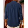 Runcati Mens Casual Linen Shirts 3/4 Sleeve Button Down Banded Collar Summer Beach Shirt(Navy Blue)