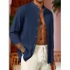 Runcati Mens Casual Linen Shirts 3/4 Sleeve Button Down Banded Collar Summer Beach Shirt(Navy Blue)