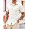 Runcati Mens Knit Button Down Shirts Short Sleeve Polo Shirt Vintage Summer Casual Beach Ribbed Textured Tops(Beige)