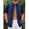 Runcati Mens Short Sleeve Guayabera Shirts Linen Cotton Button Down Mexican Embroidered Cuban Wedding Shirt Summer Beach Tops(05 Navy)