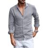 Mens Button Down Shirt Linen Cotton Shirts Casual Long Sleeve Spread Collar Lightweight Beach Plain Tops(01 Gray)