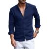 Mens Button Down Shirt Linen Cotton Shirts Casual Long Sleeve Spread Collar Lightweight Beach Plain Tops(01 Navy)